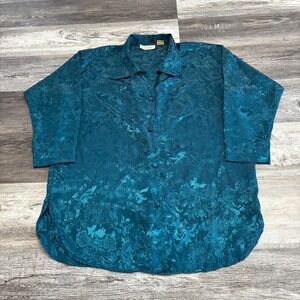 Vintage 80s 90s Victoria's Secret Teal Womens PS Satin Floral Night shirt Top